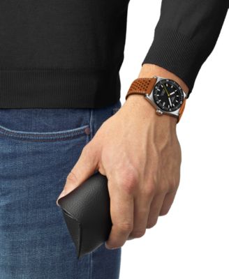 Men's Swiss Automatic PR516 Powermatic 80 Brown Perforated Leather Strap Watch 38mm