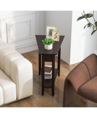2-Tier Wedge Narrow End Table with Storage Shelf and Solid Wood Legs