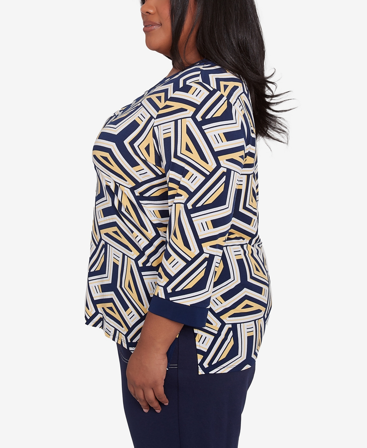 Alfred Dunner Plus Size Block Island Geometric Grommet Trim Top In Navy Multi