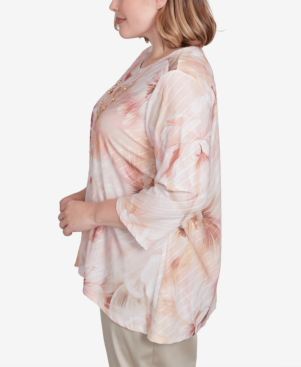 Alfred Dunner Plus Size Coming Up Roses Textured Watercolor Flower Top With Necklace In Pink Multi