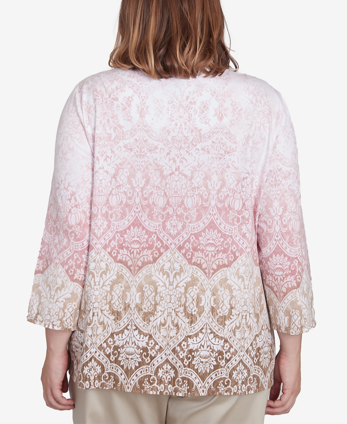 Alfred Dunner Plus Size Coming Up Roses Ombre Medallion Three Quarter Sleeve Top with Necklace