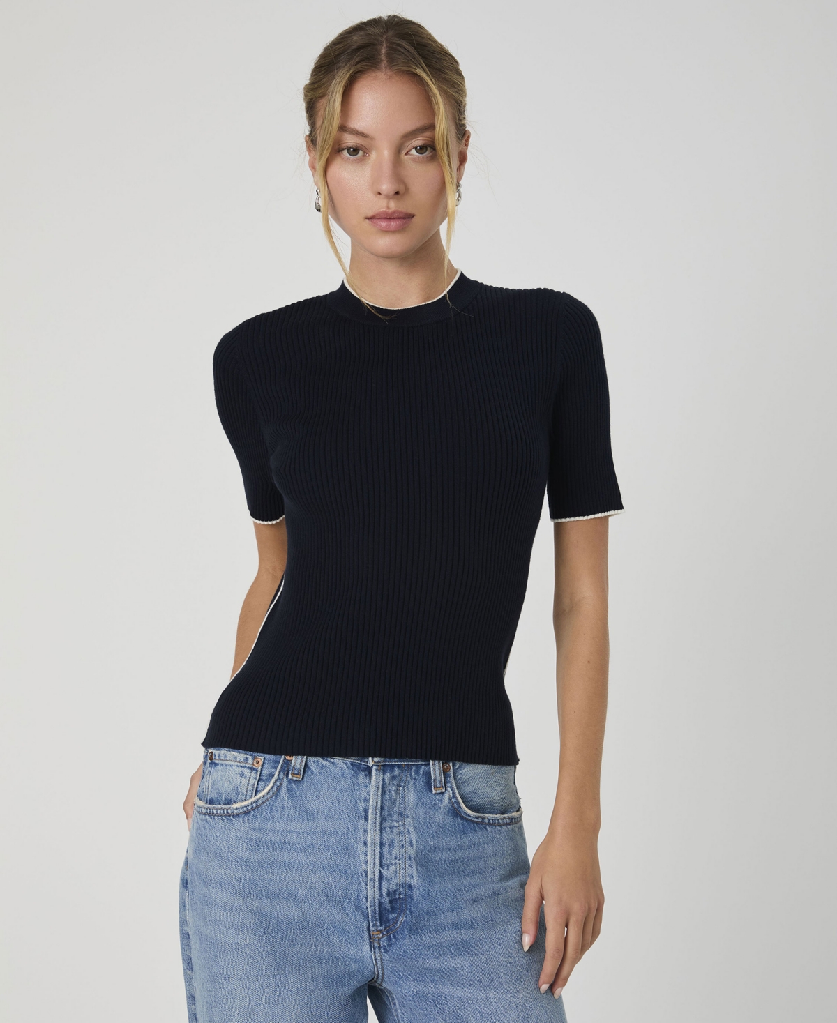French Connection Mozza Short Sleeve Sweater In Marine,porcelain Cream
