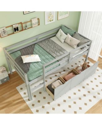 Twin Size Low Loft Bed with 3 Drawers with Ladder and Full-length Guardrails