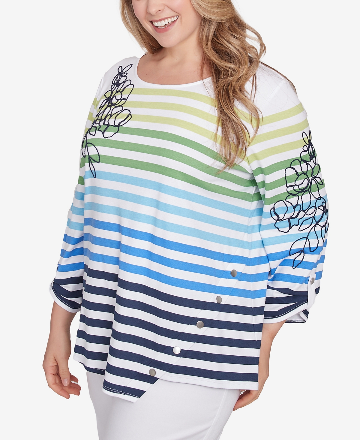Ruby Rd. Plus Size Striped Embellished Three Quarter Sleeve Top In True Navy Multi