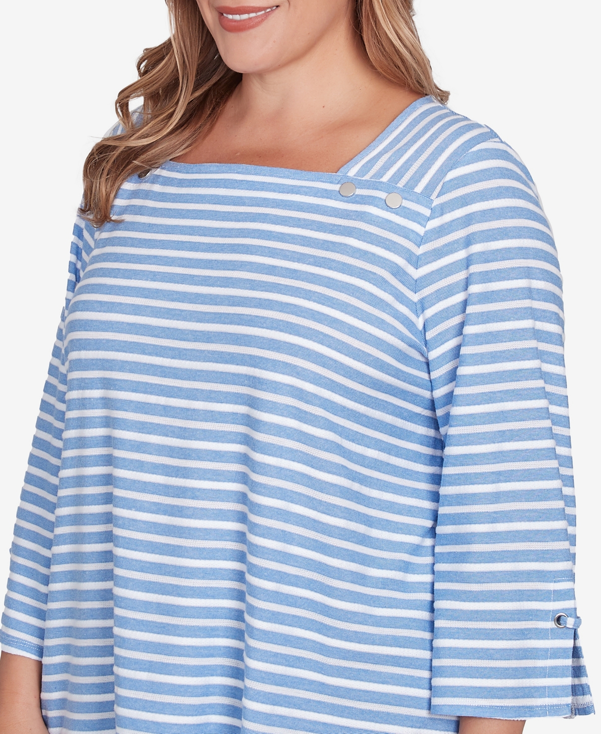 Ruby Rd. Plus Size Ribbon Stripe Laced Sleeve Top In Azure Multi