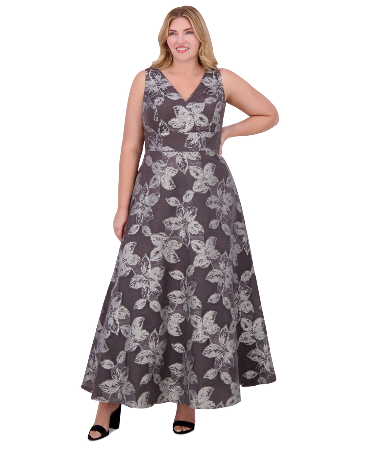 ELIZA J PLUS SIZE METALLIC-THREADED FLORAL-PRINT BALL GOWN 