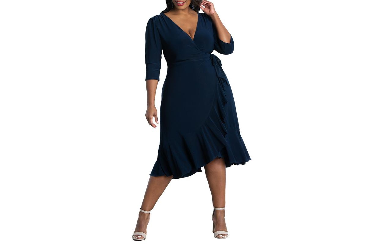Kiyonna Plus Size Whimsy Ruffled Midi Wrap Dress - Nouveau navy