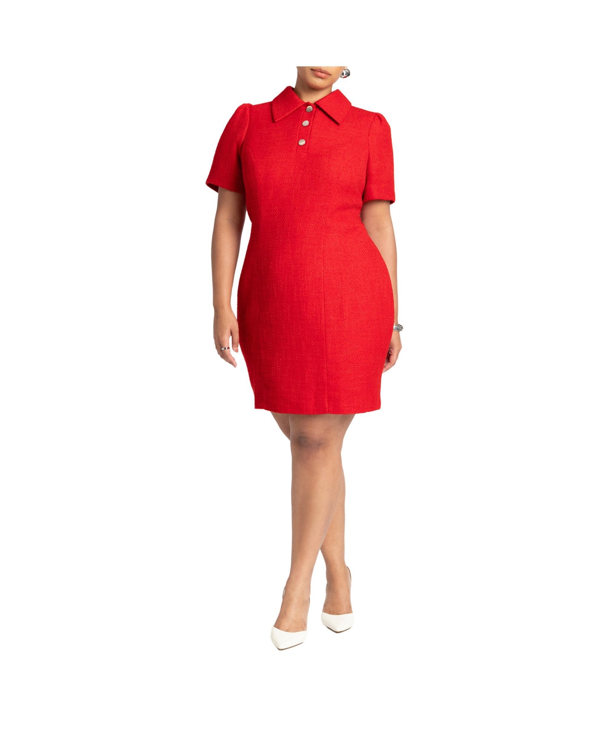 Plus Size Tweed Mini Shirt Dress - Red