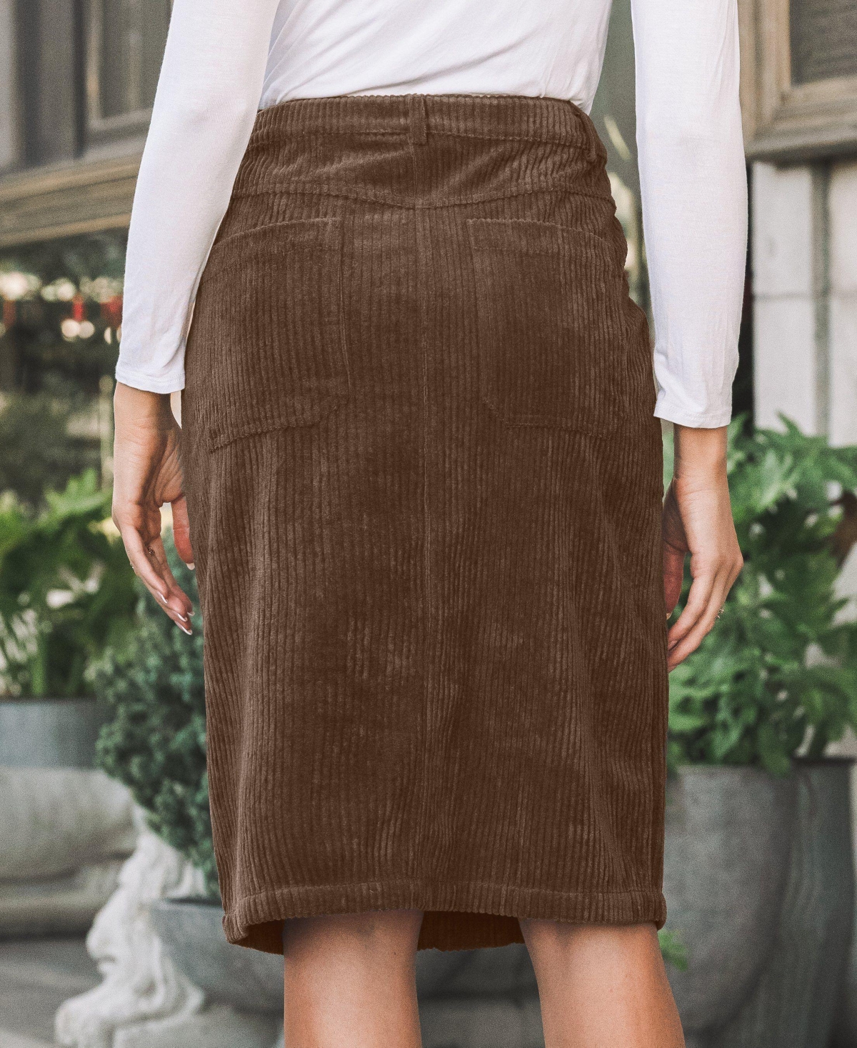 Cupshe Women'sCorduroy Button Up Patch Pocket Midi Skirt - Brown