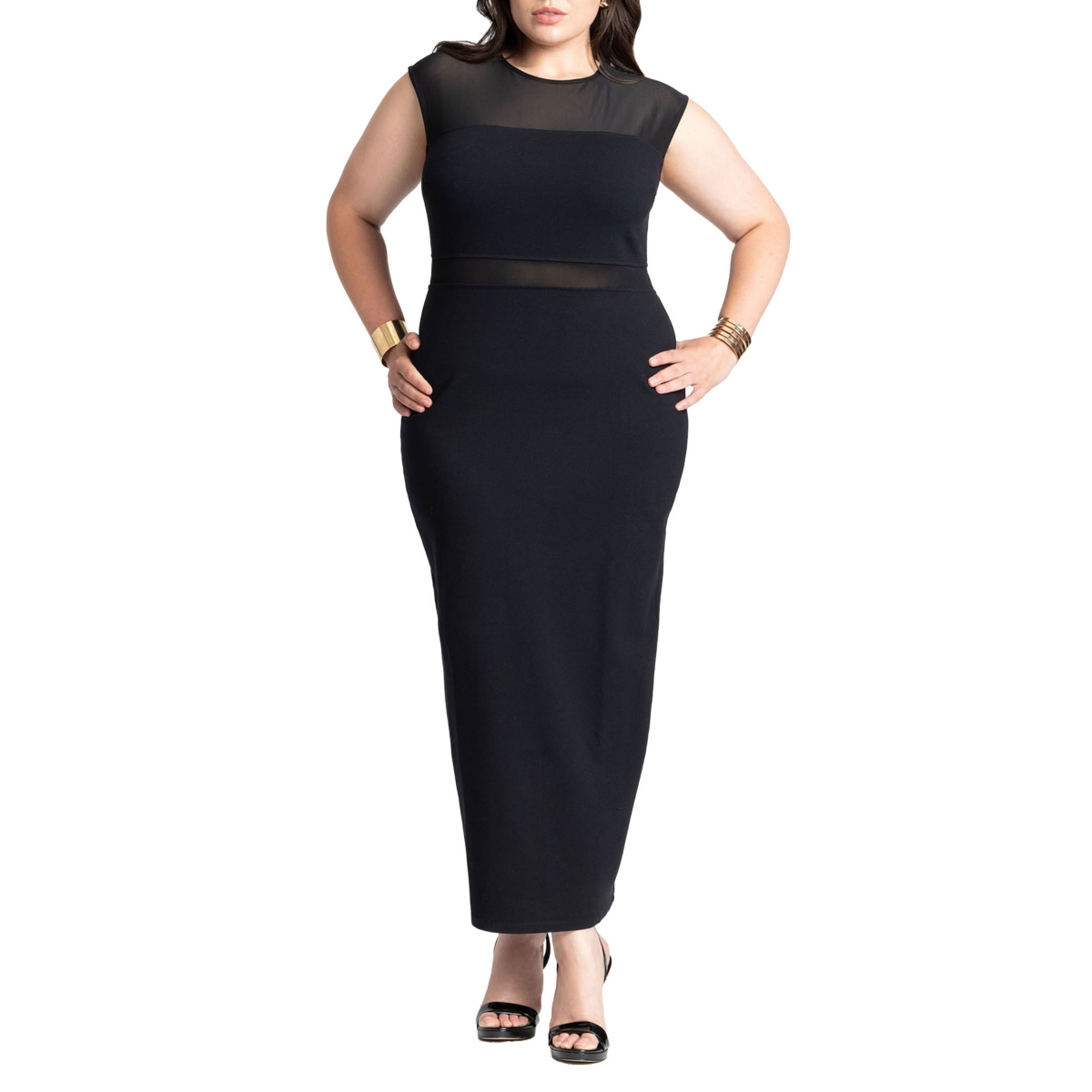 Plus Size Cap Sleeve Mesh Midi Dress - Black onyx