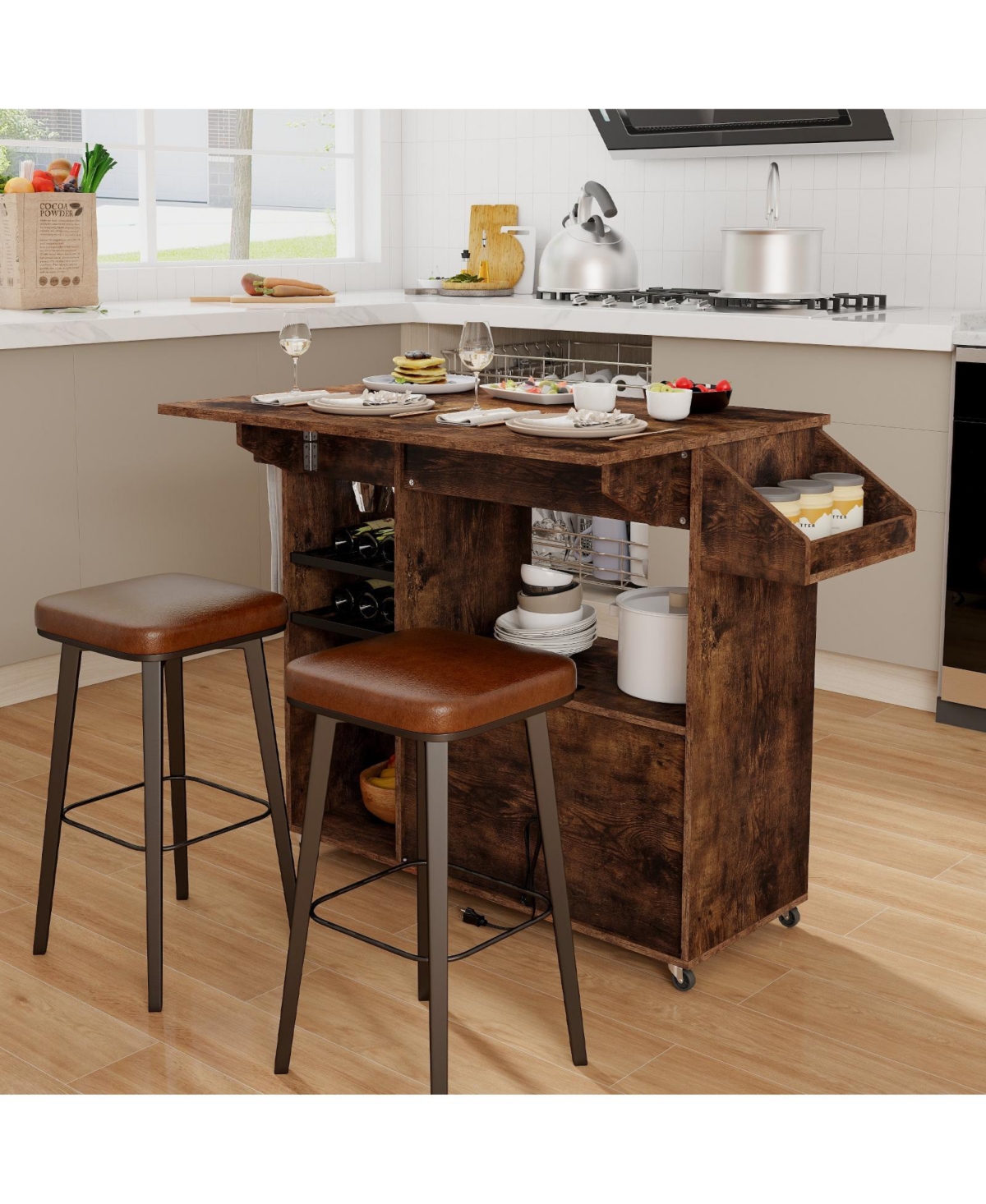 Gouun Drop Leaf Mobile Kitchen Island Cart with Power Outlet and Adjustable Shelf