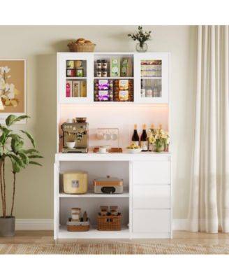 Tall Kitchen Pantry Cabinet, Kitchen Storage Cabinet with Led Lights and Power Outlets, Food Pantry Cabinet with Microwave Stand, Glass Door, Adjustable Shelves, Handless Design