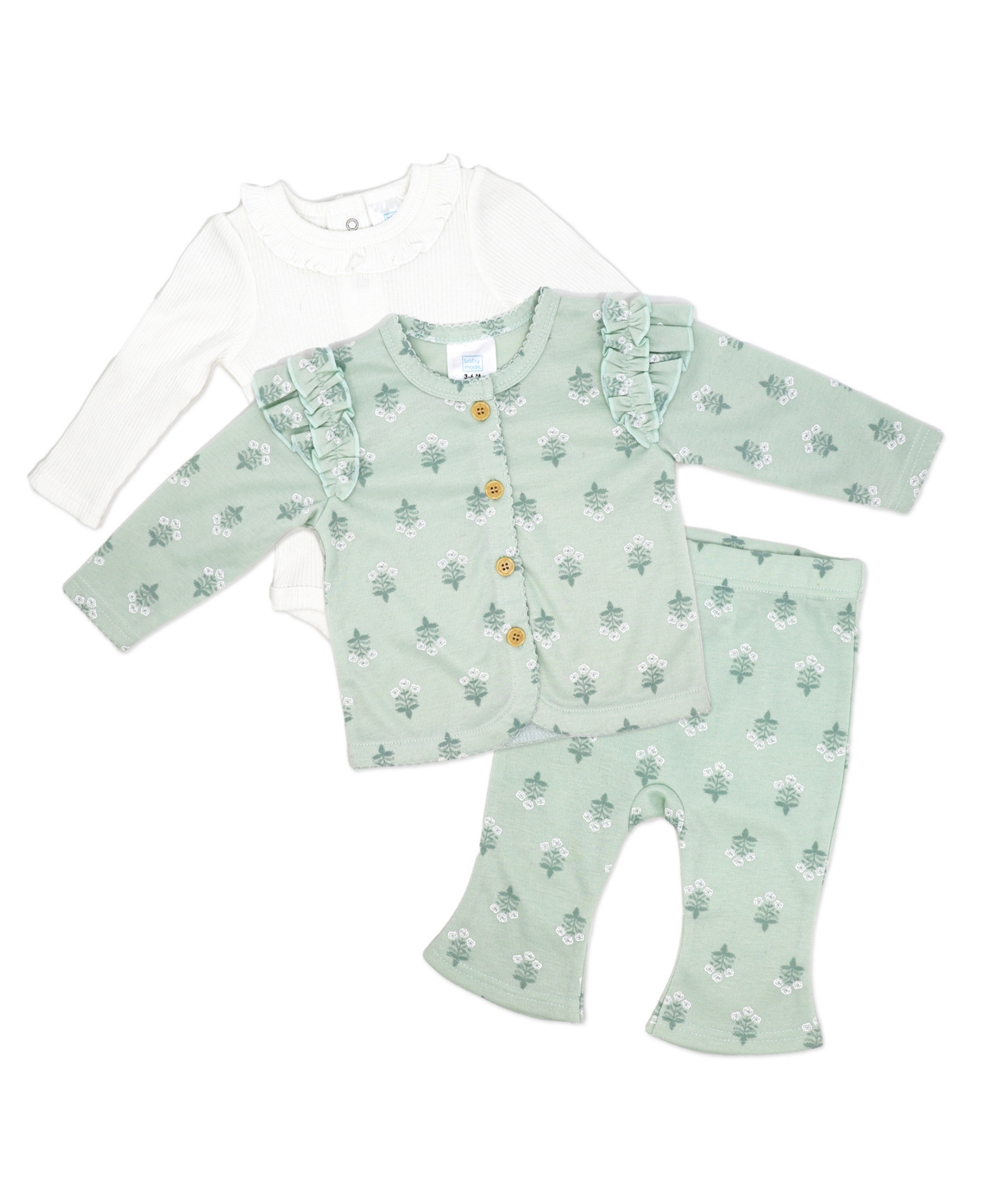 Shop Baby Mode Baby Girls Misty Rose Bell Bodysuit, Pants And Jacket, 3-piece Set In Bright Sage
