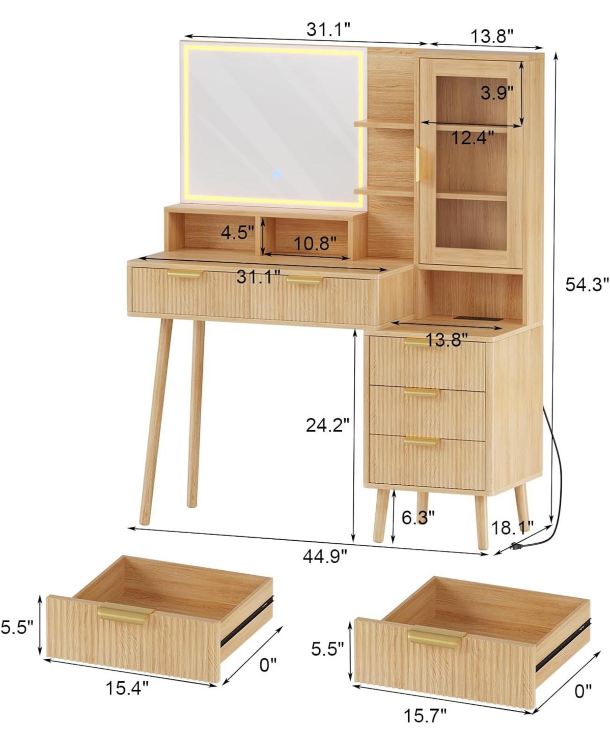 gaomon Makeup Vanity Desk with Lights & Power Outlet, Big Modern Fluted Vanity Desk with Hd Lighted Mirror, 5 Drawers and Storage Shelf，Dre