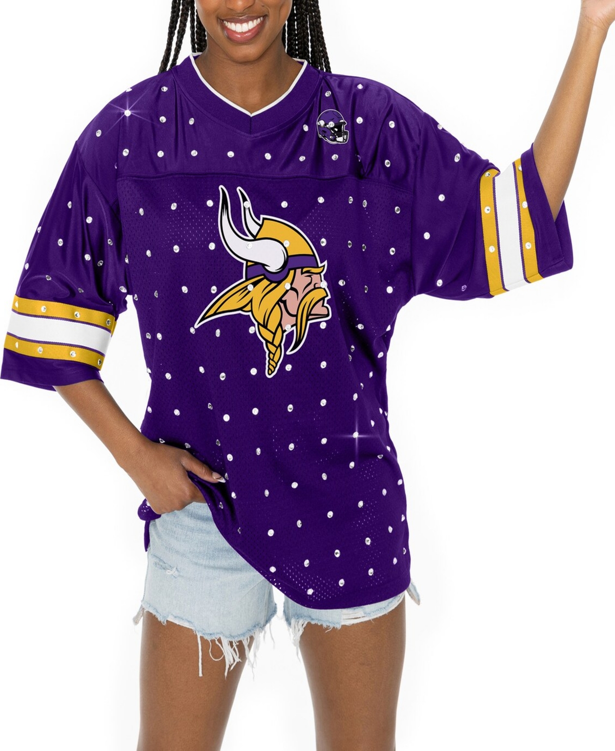 Women's Purple Minnesota Vikings All-Over Rhinestone Sports Stripe Kickoff V-Neck Fashion Half-Sleeve Jersey Top - Purple, Gold