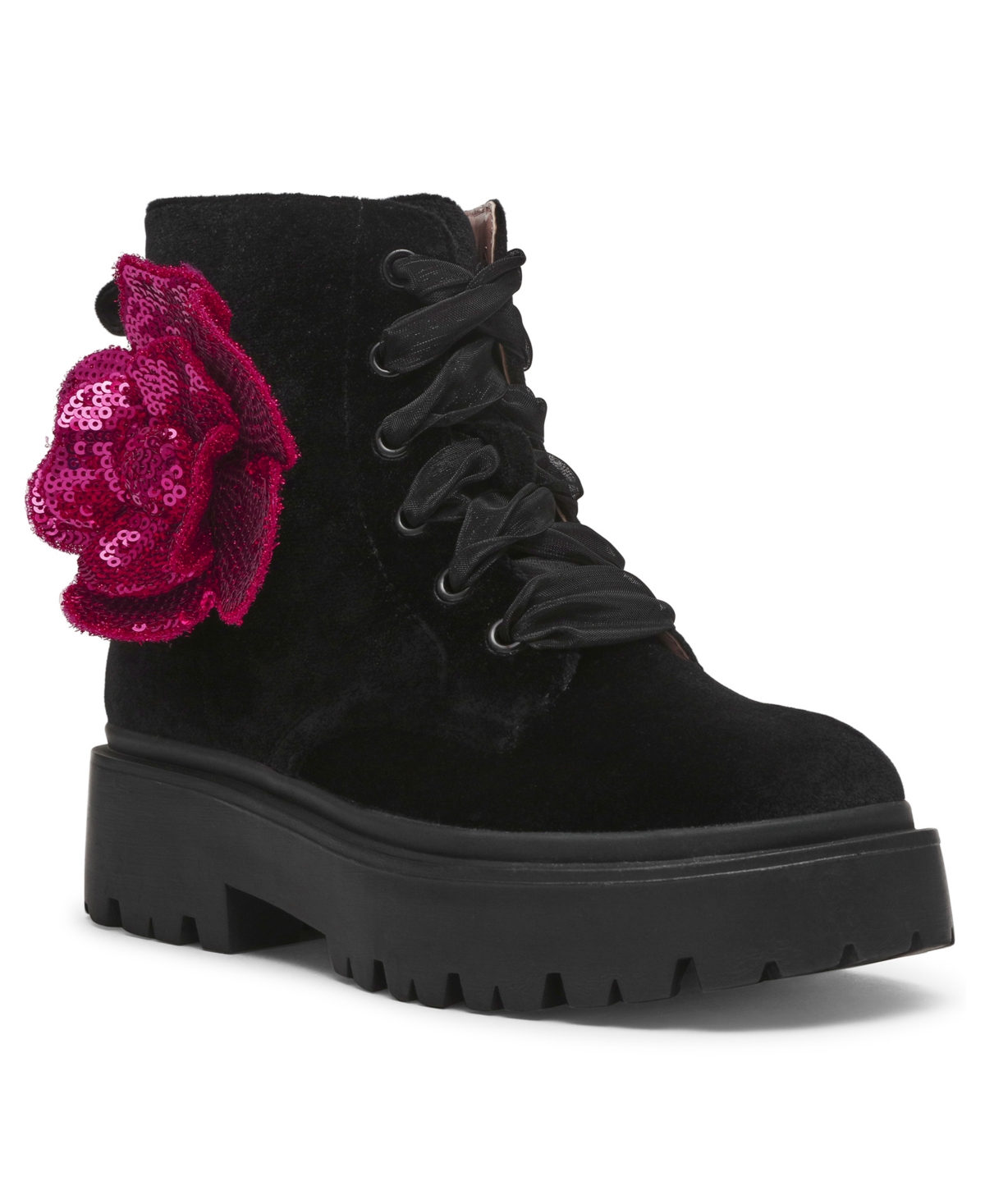 Betsey Johnson Little And Big Girls Piper Velvet Lugsole Boot In Black Multi