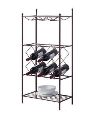 Freestanding Floor Metal Wine Rack Stand, Wine Bottle Liquor Cabinet with Glass Holder & Storage Shelves – Bronze