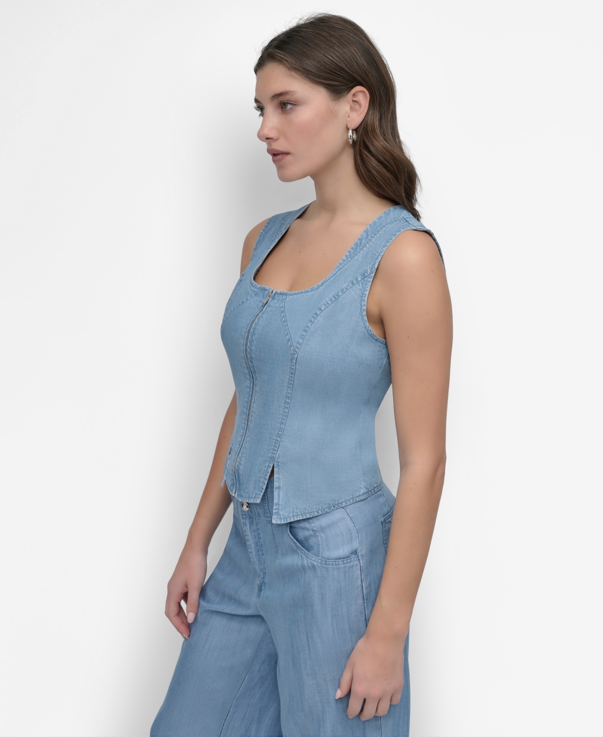 Shop Dkny Women's Zip-front Corset Top In Lt Chambray