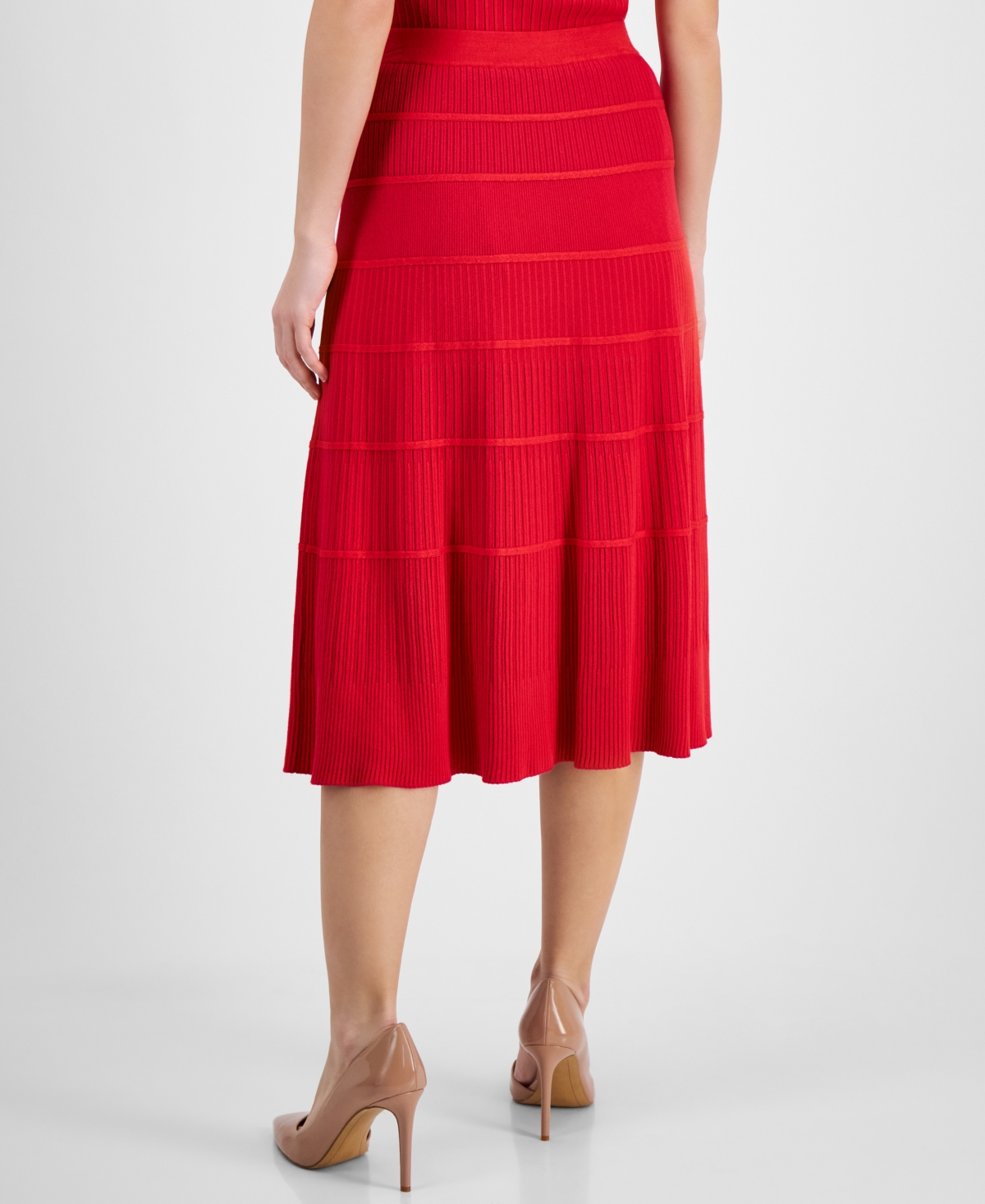 T Tahari Women's Mixed-rib Tiered Flared Midi Skirt In Gala Red,pink Heart