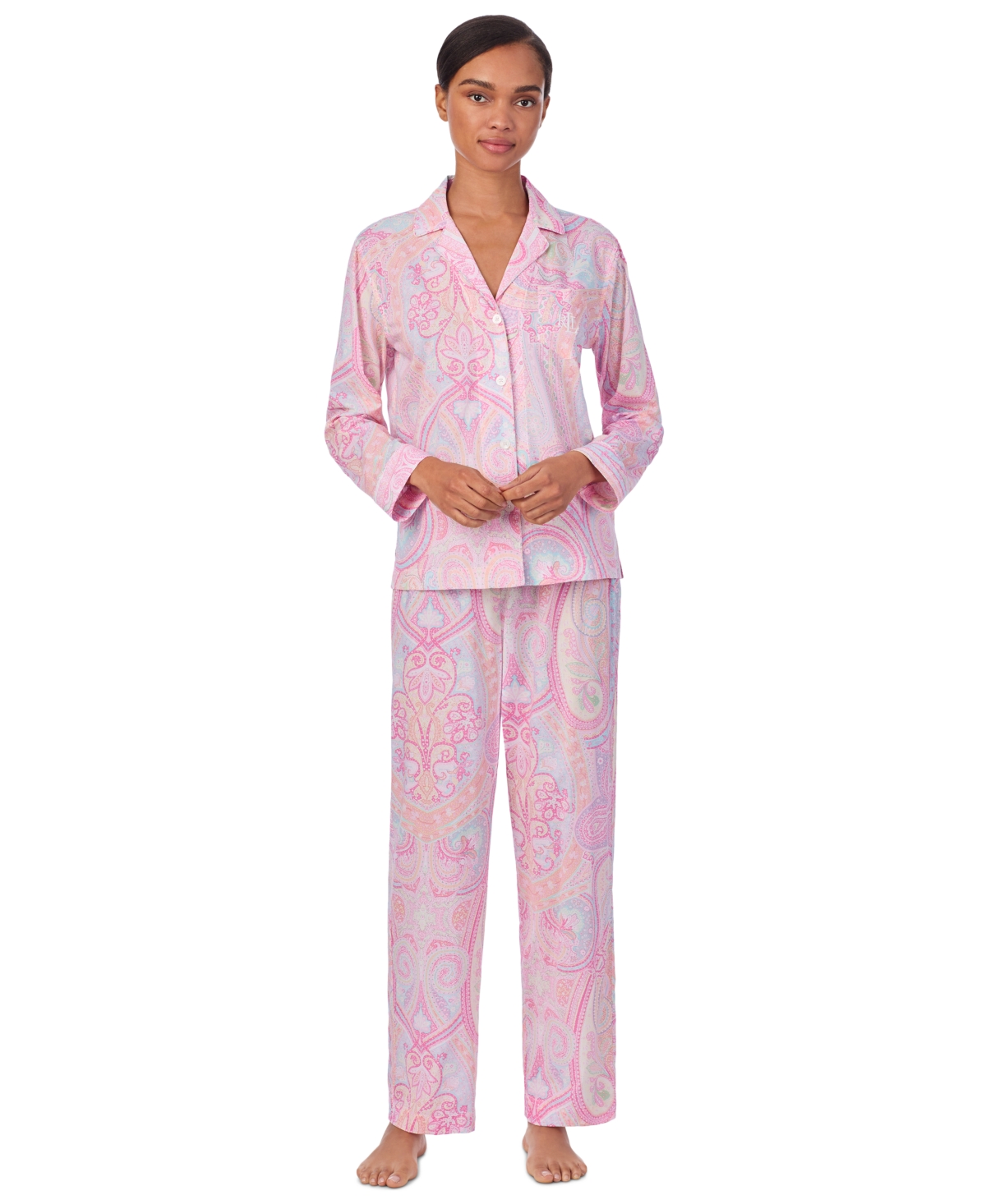 Shop Ralph Lauren Women's Long Sleeve Notch Collar Long Pant Pajama Set In Pink Paisley