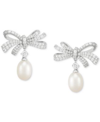 Cultured Freshwater Oval Pearl (11 x 9mm) & Cubic Zirconia Bow Drop Earrings in Sterling Silver