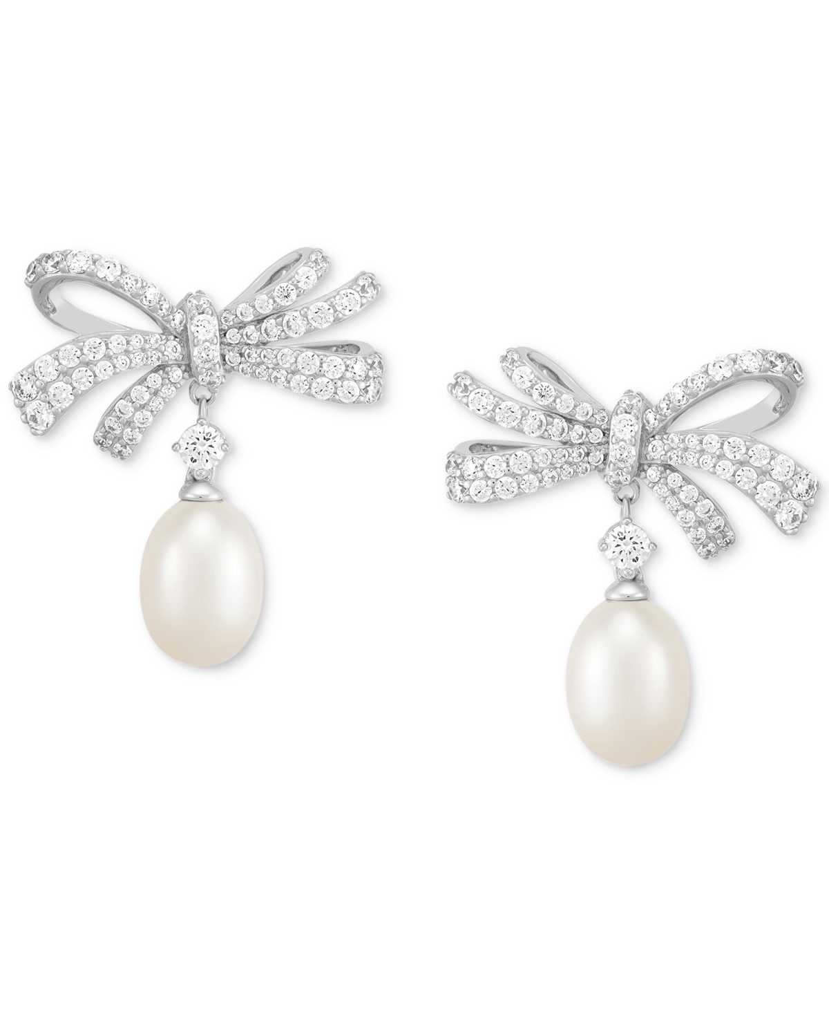Arabella Cultured Freshwater Oval Pearl (11 X 9mm) & Cubic Zirconia Bow Drop Earrings In Sterling Silver In Silver