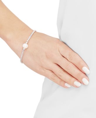 Cultured Freshwater Pearl (10mm) & Cubic Zirconia Tennis Bracelet in Sterling Silver
