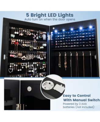 Lockable Wall Mounted Mirror Jewelry Armoire with 5 LEDs and 6 Drawers
