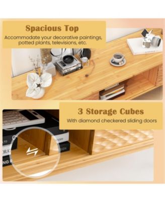 63 Inches Mid Century Modern Bamboo TV Stand with Sliding Doors