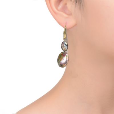 Sterling Silver 14K Gold Plated with Turtle Shell Abalone Dangle Earrings
