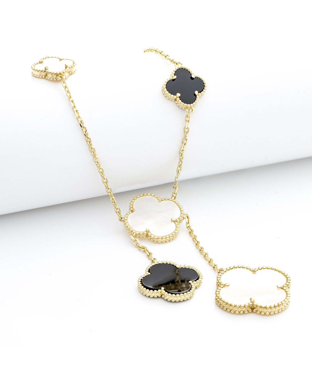 Rivka Friedman Mother of Pearl + Onyx Clover Station Y Necklace - Gold with onyx + mother of pearl