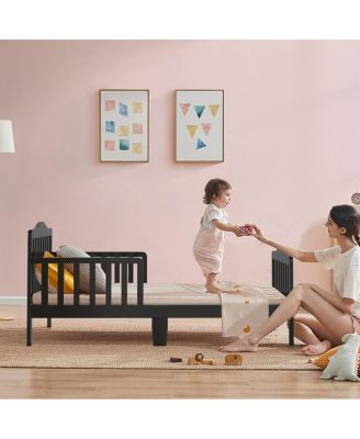 Classic Design Kids Wood Toddler Bed Frame with Two Side Safety Guardrails