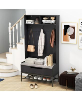 69 Inches Tall Hall Tree 4-in-1 Coat Rack with Seat Cushion and Shoe Storage