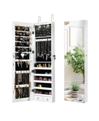 Wall and Door Mounted Mirrored Jewelry Cabinet with Lights