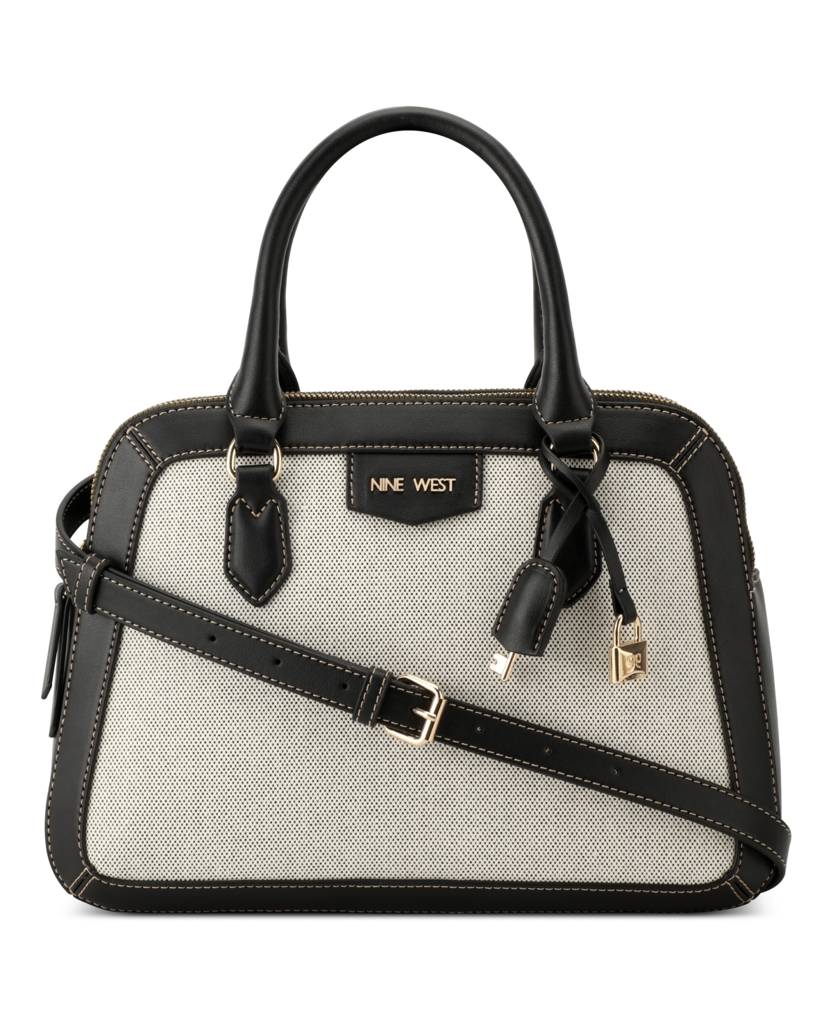 Shop Nine West Designer Cibrina Dome Satchel Bag In Black White Canvas