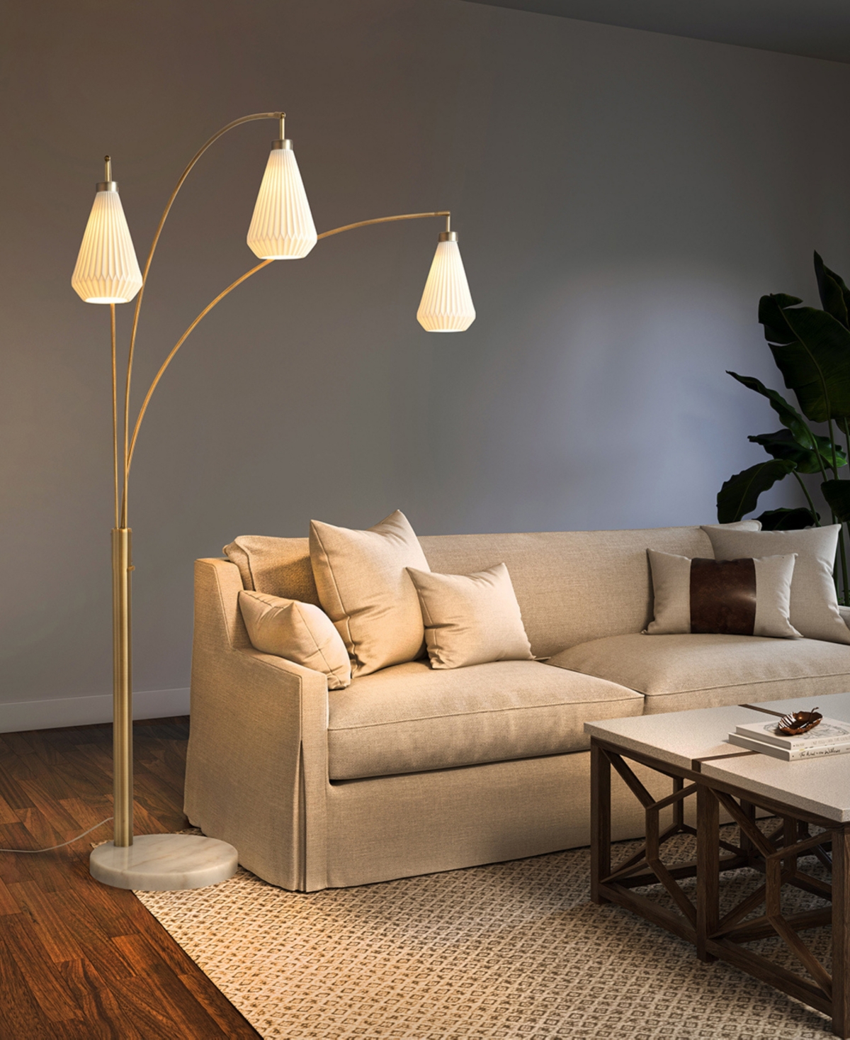 Nova Of California Concord 85" 3 Light Switch Arc Floor Lamp In Weathered Brass Walnut