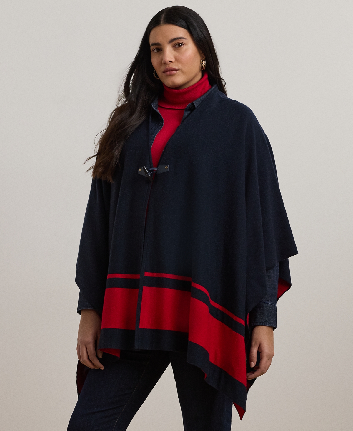 Shop Ralph Lauren Plus Size Two-tone Poncho In Lauren Navy,festive Red