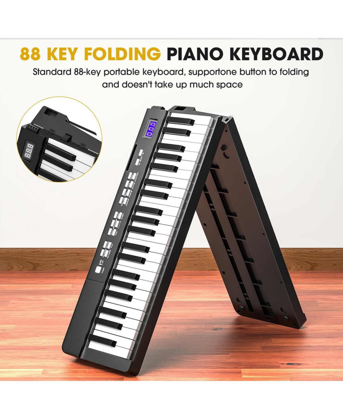 Sugift88 Keys Folding Piano Keyboard for Beginner Portable Electric Piano with Stand and Sustain Pedal - Black