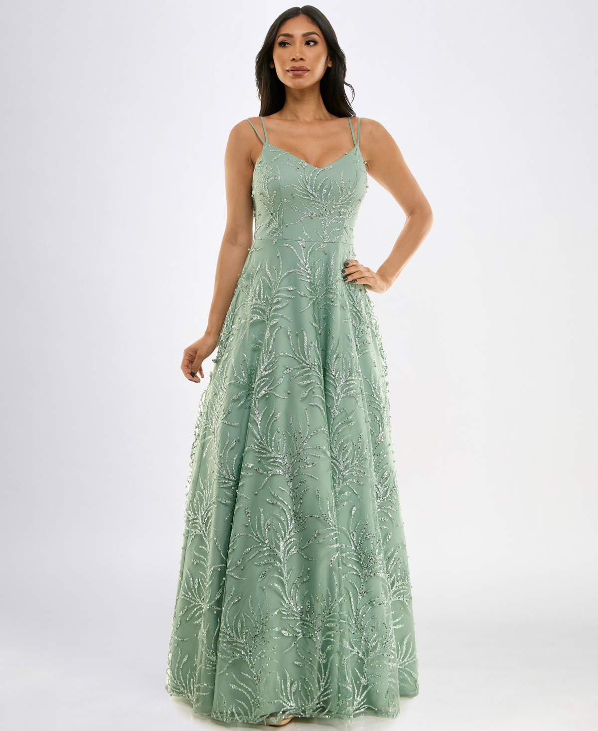 Juniors' Glitter Embellished V-Neck Strappy Gown, Created for Macy's - Sage