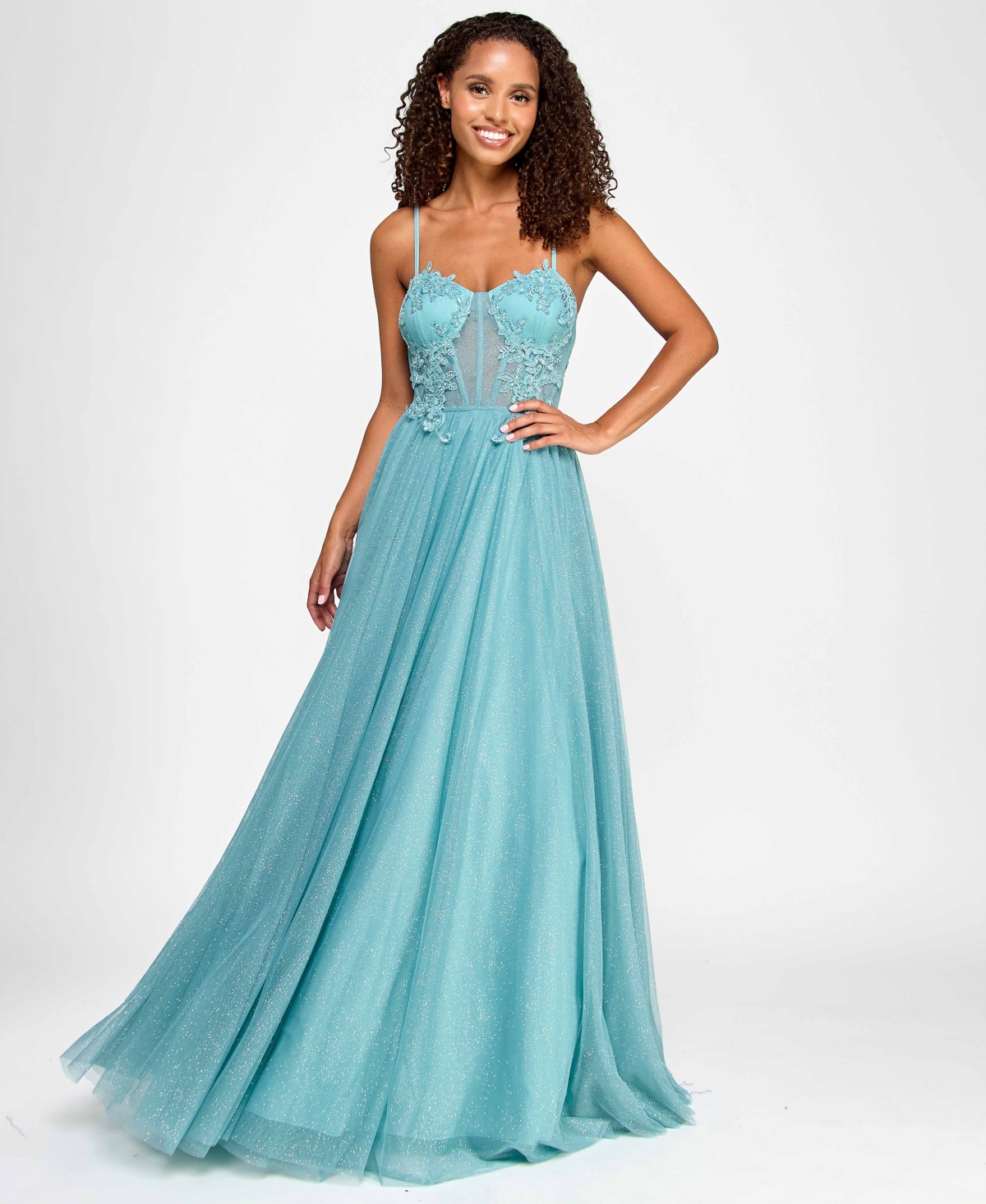 CITY STUDIOS JUNIORS' EMBELLISHED LACE-TRIM CORSET GOWN 