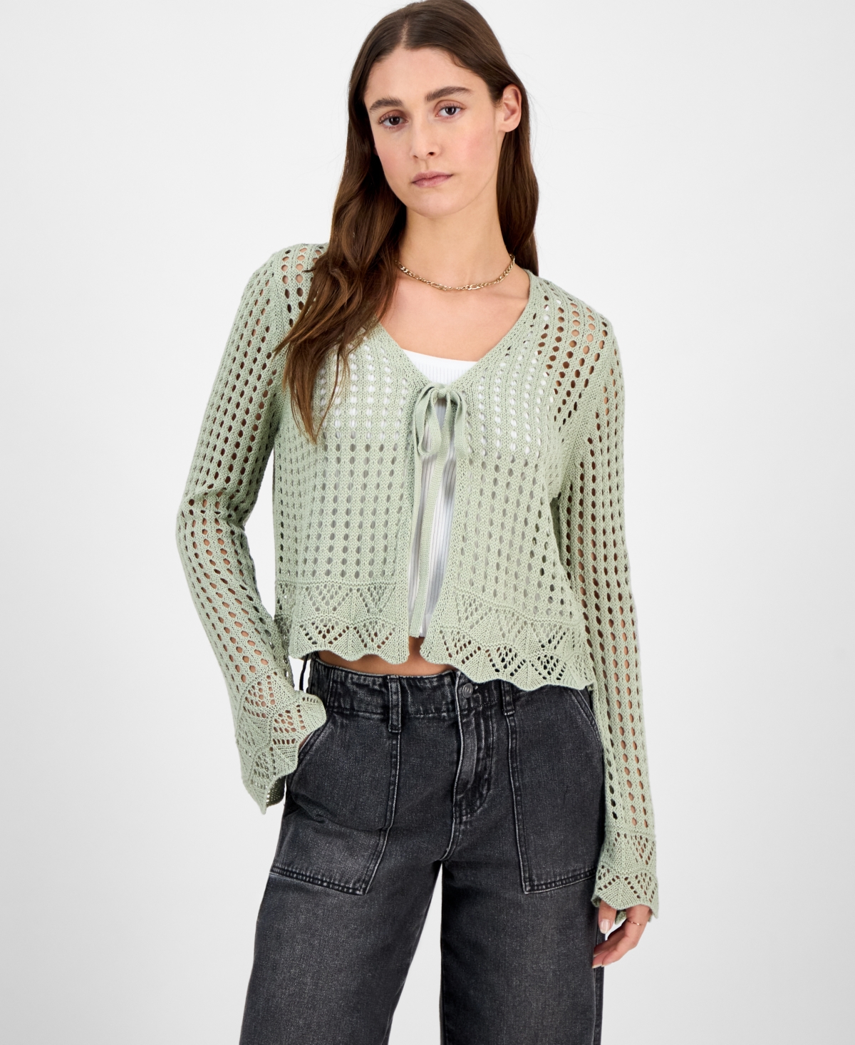 Hooked Up By Iot Juniors' Tie-front Crochet Cardigan Sweater In Desert Sage