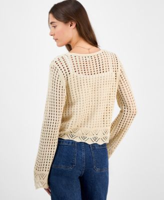 Juniors' Tie-Front Crochet Cardigan Sweater