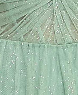 Juniors' Twist-Front Shoulder-Tie Glitter Gown