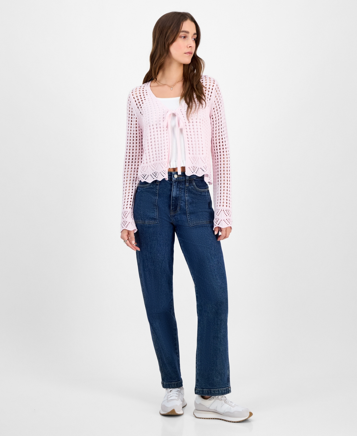 Hooked Up By Iot Juniors' Tie-front Crochet Cardigan Sweater In Tender Touch
