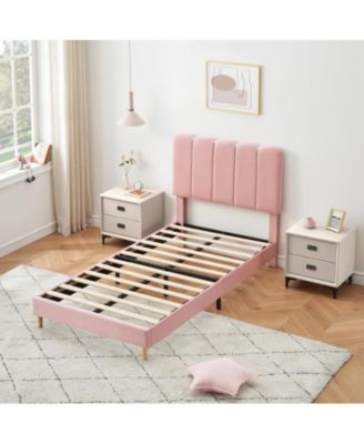 Pink Twin Bed Frame, Velvet Upholstered Platform Bed Frame with Headboard, Strong Wooden Slats, Noise-Free,No Box Spring Needed, Easy Assembly