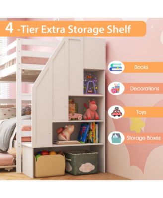 Home Wood Bunk Bed with Guard Rail and 4-step Storage Stairs No Box Spring Needed