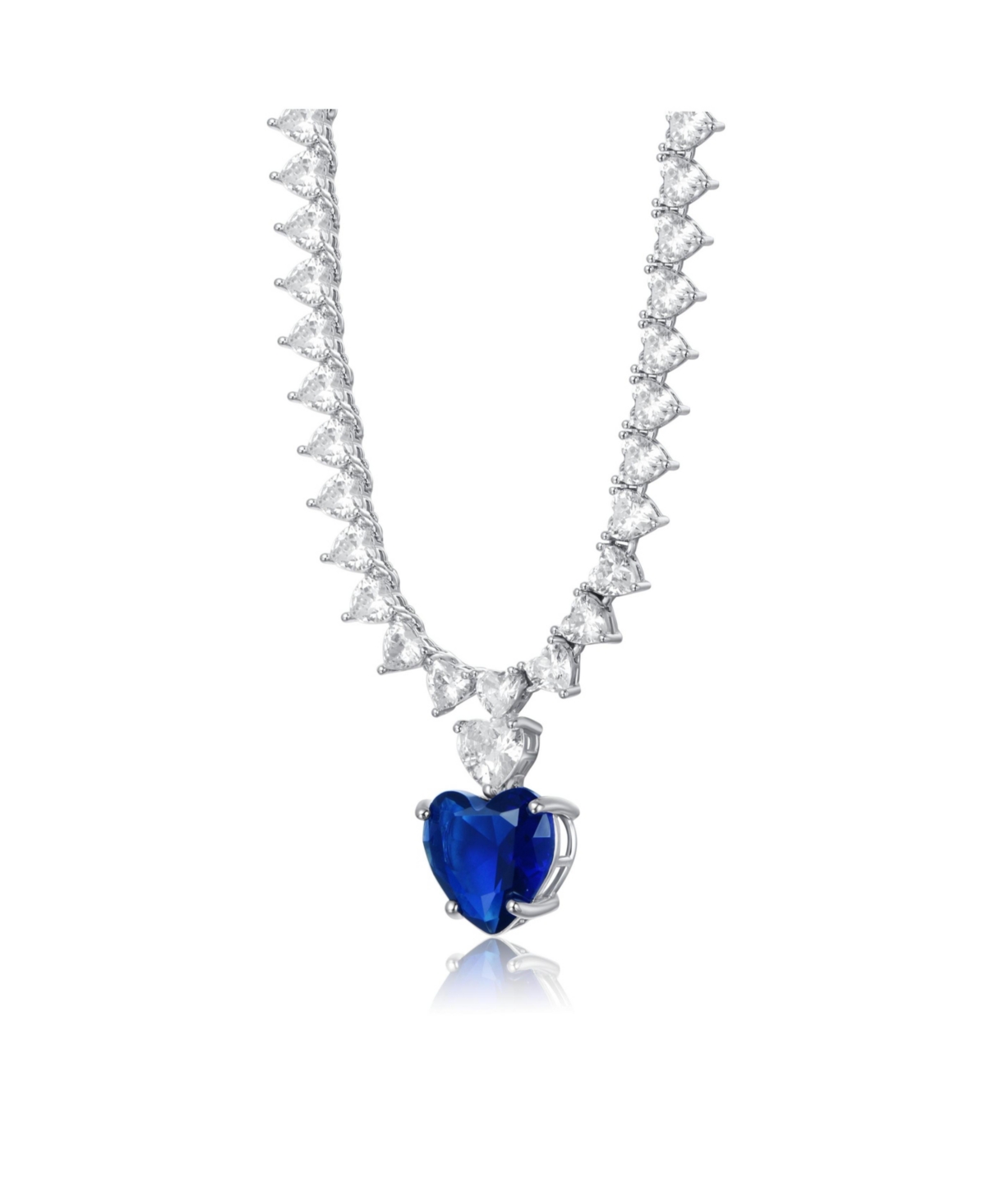 Genevive Luxurious White Gold Plated Heart Tennis Necklace withHeart Charm - Blue