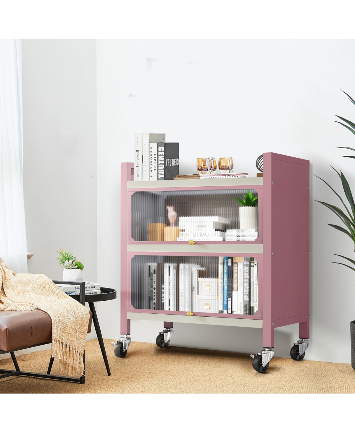 Mega Casa 2 Door Accent Cabinet, 3 Tier Kitchen Organizer Shelf,- Pink
