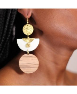 Kazuri Geometric Wood & Brass Drop Earrings – Handmade Boho Statement Jewelry