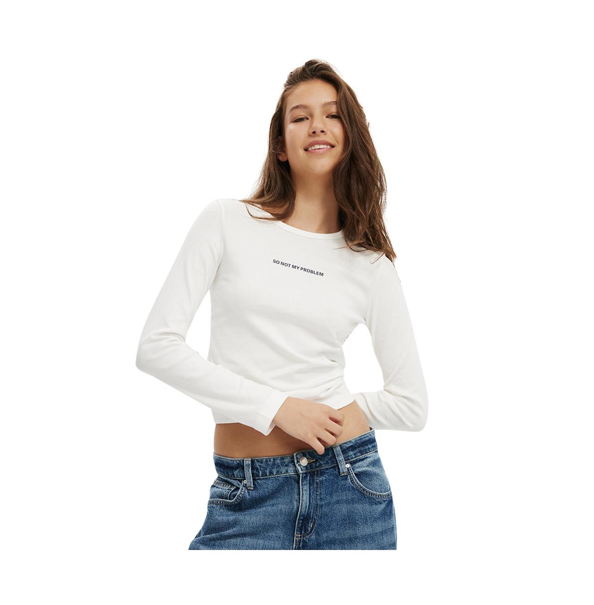 Cotton On Women's Rib Longsleeve Graphic Tee - vintage white